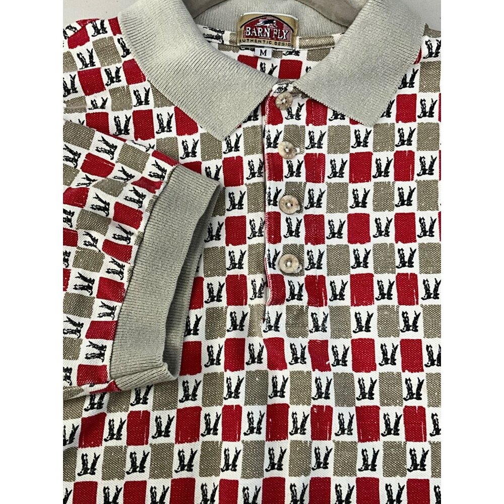 Barnfly Authentic Design Mens Polo Shirt M‎ Red & Khaki Checkered Pattern